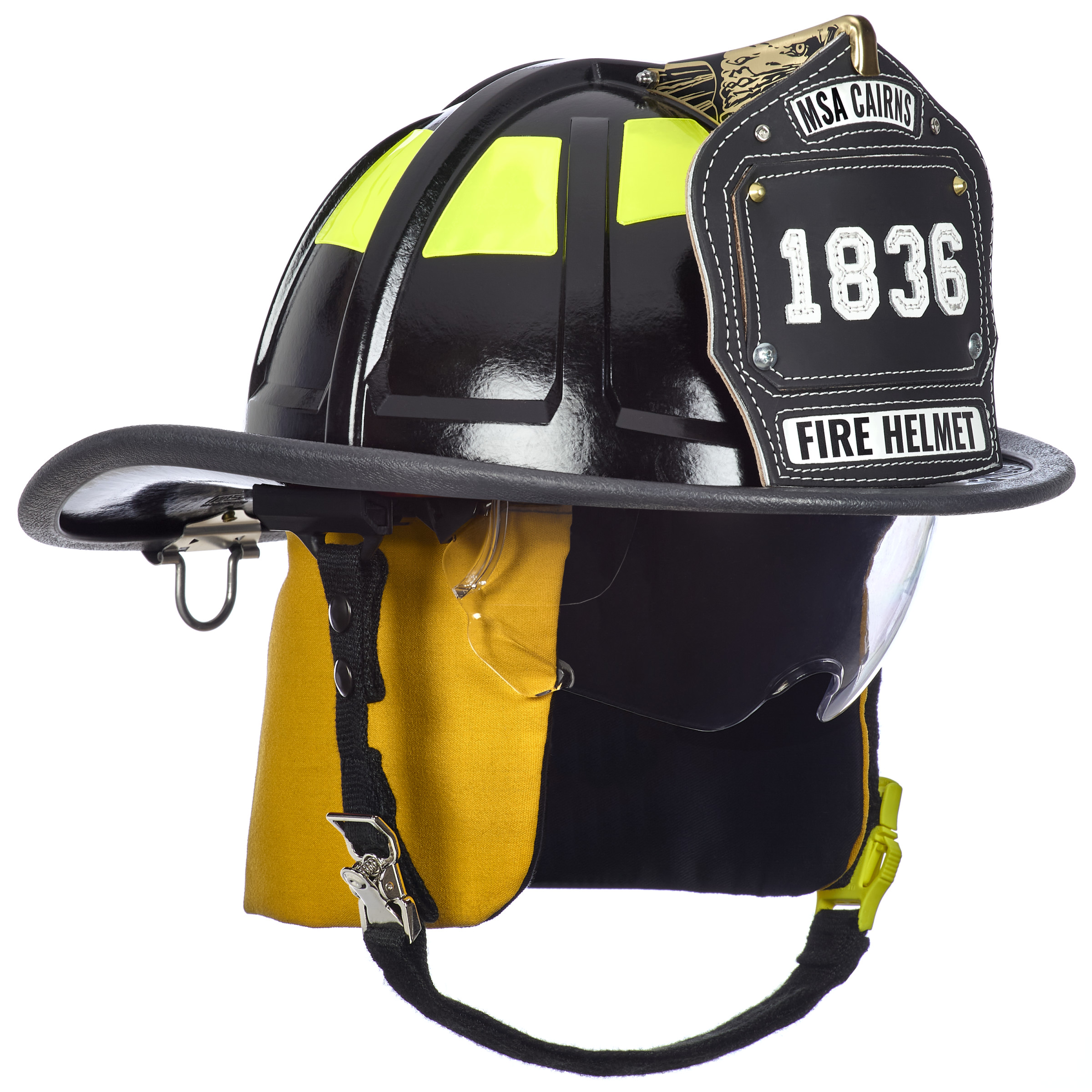 Cairns 1836 Black Fire Helmet, with standard liner, clear Defender Visor, yellow Nomex Earlaps, 6" Silkscreen eagle, Reflexite lime yellow